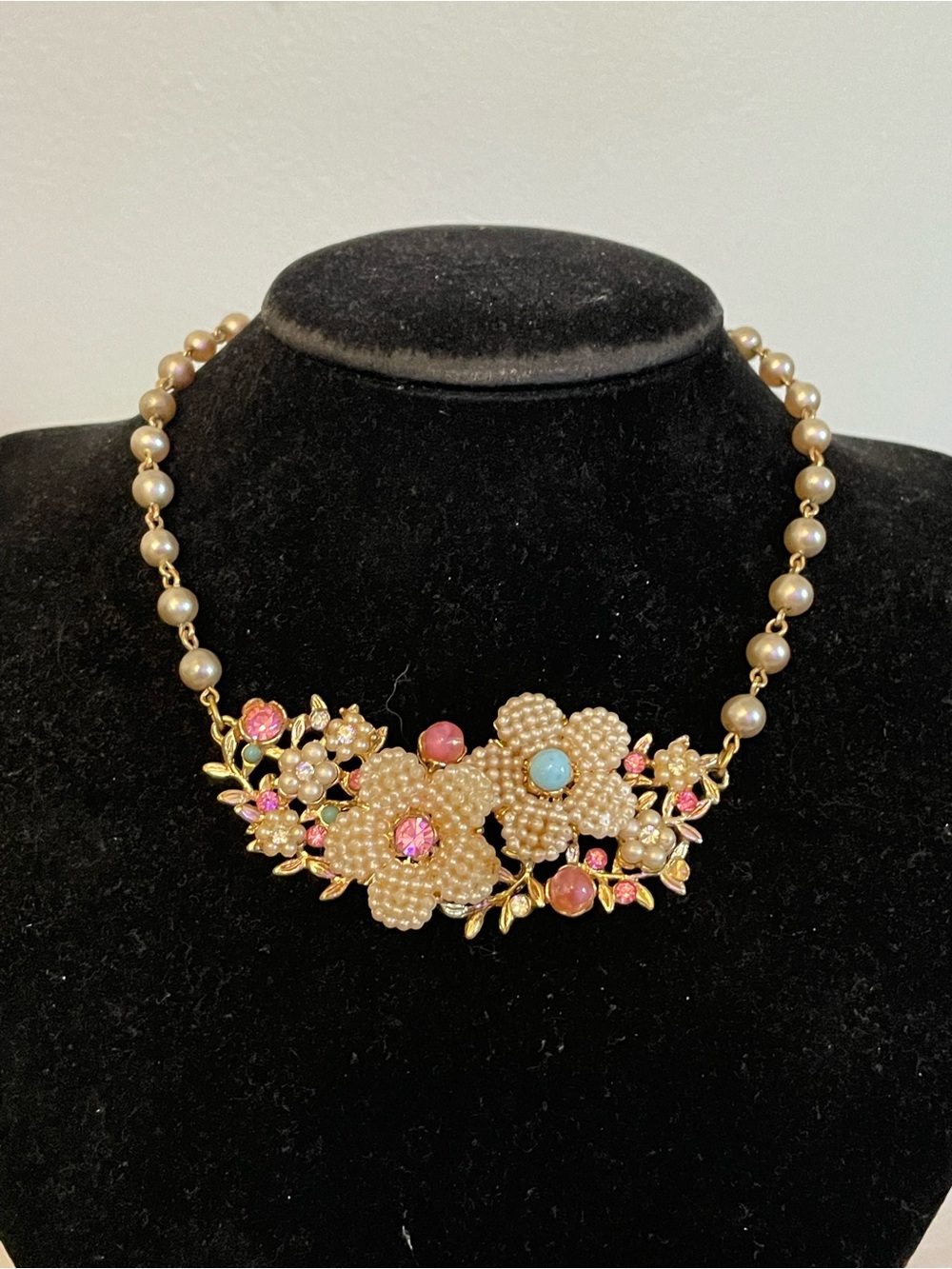 Gold Pearl Floral Necklace with Pink and Turquoise Accents